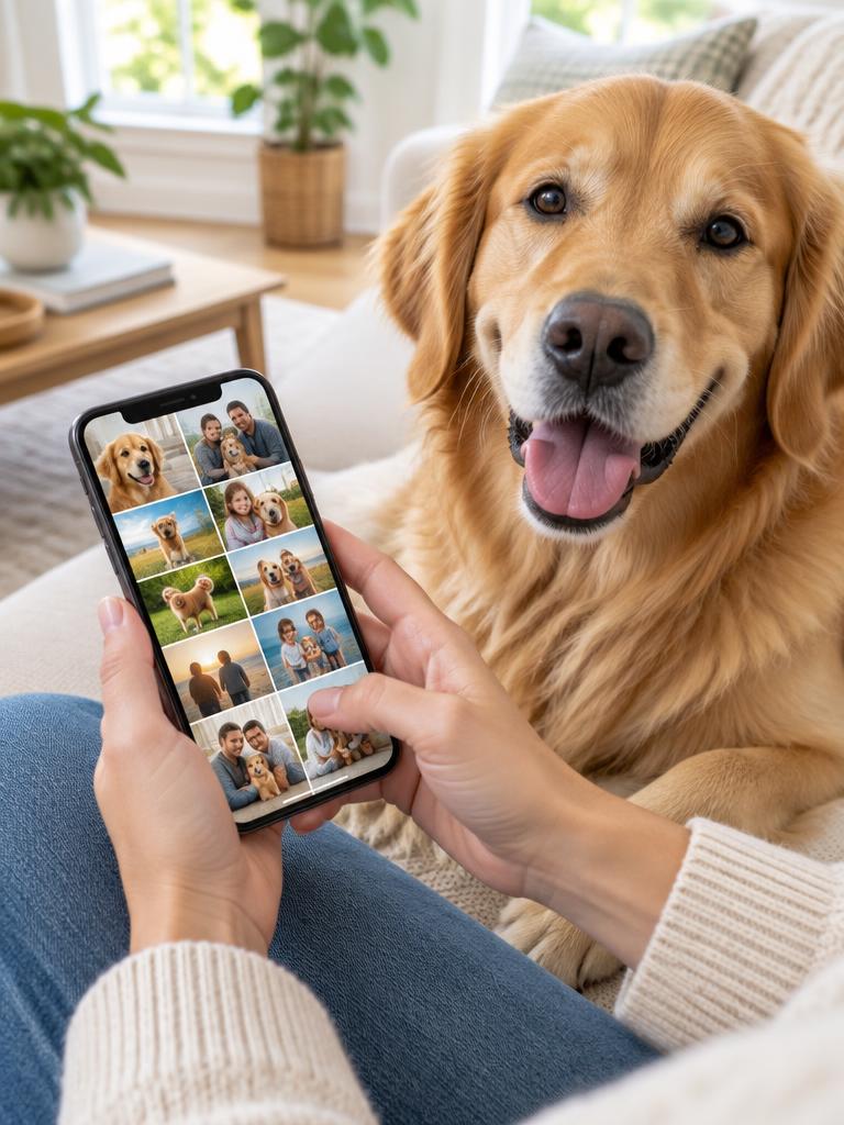 Choosing favorite pet and family photos on a phone