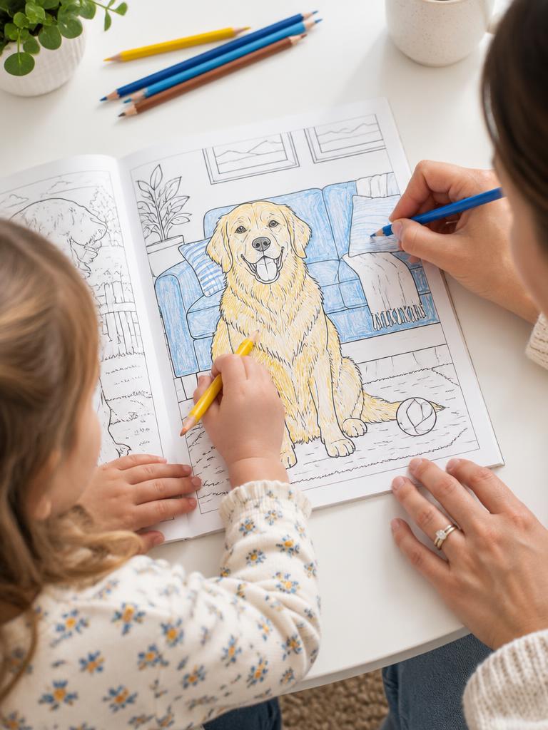 A child and parent coloring a pet picture together