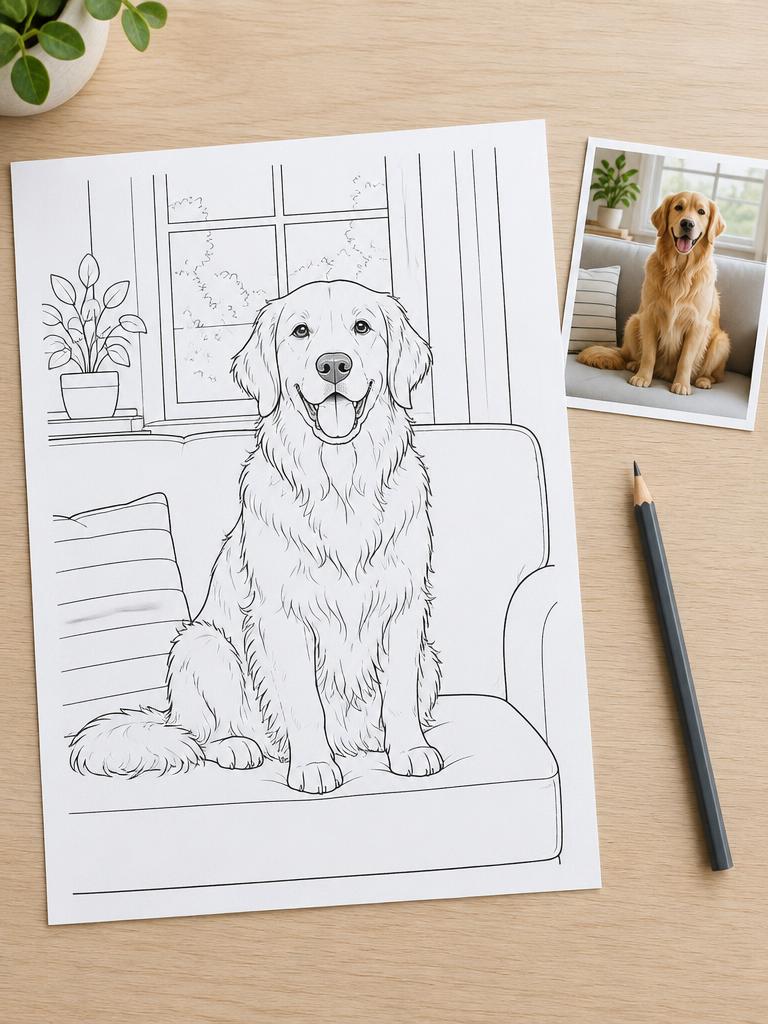 A pet photo beside an illustrated coloring page